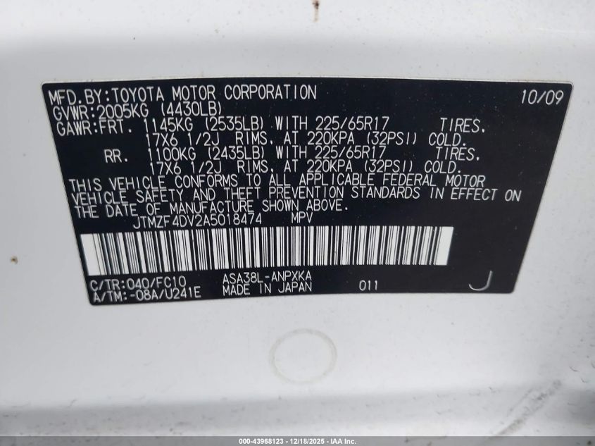 2010 Toyota Rav4 VIN: JTMZF4DV2A5018474 Lot: 43968123