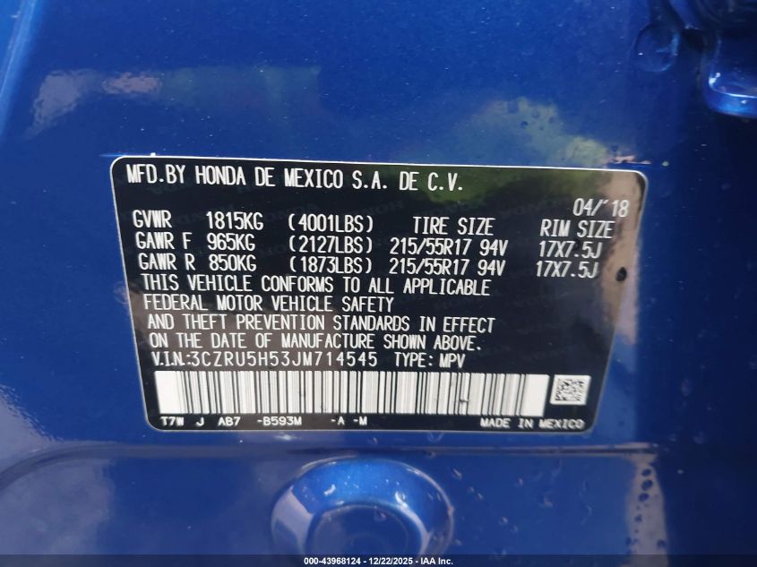 2018 Honda Hr-V Ex VIN: 3CZRU5H53JM714545 Lot: 43968124