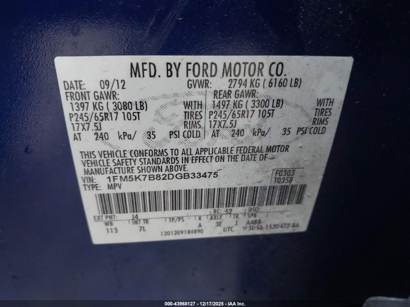 2013 Ford Explorer VIN: 1FM5K7B82DGB33475 Lot: 43968127