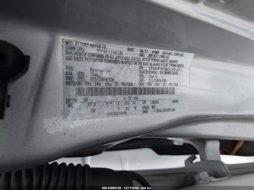 2012 Ford Focus Se VIN: 1FAHP3F24CL191231 Lot: 43968128