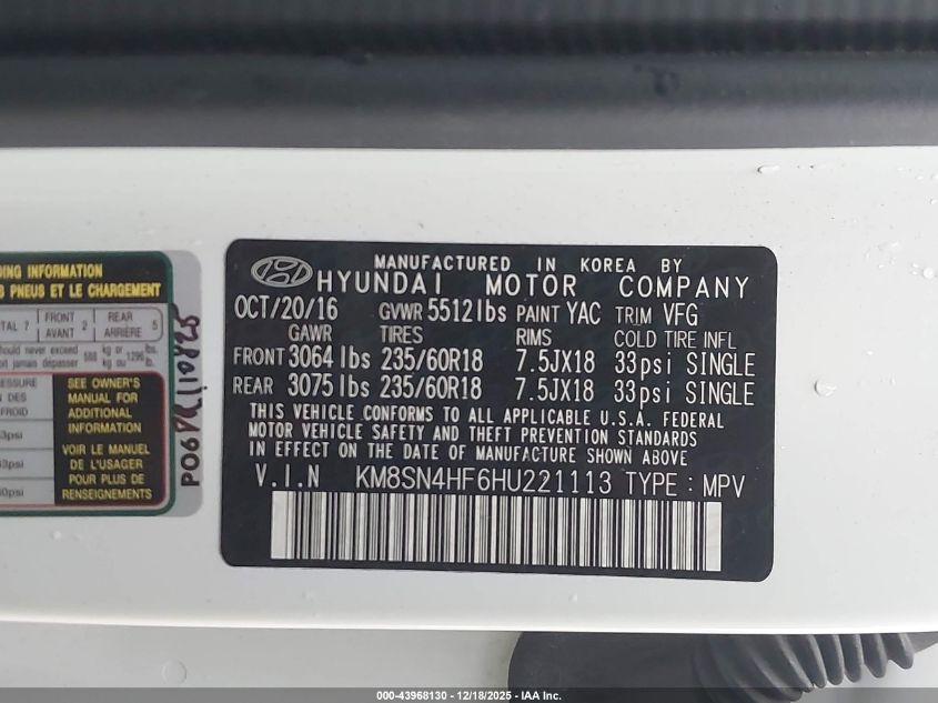 2017 Hyundai Santa Fe Se VIN: KM8SN4HF6HU221113 Lot: 43968130