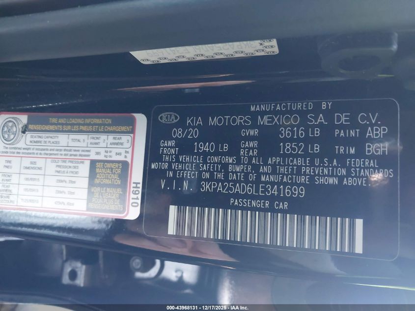 2020 Kia Rio 5-Door S VIN: 3KPA25AD6LE341699 Lot: 43968131