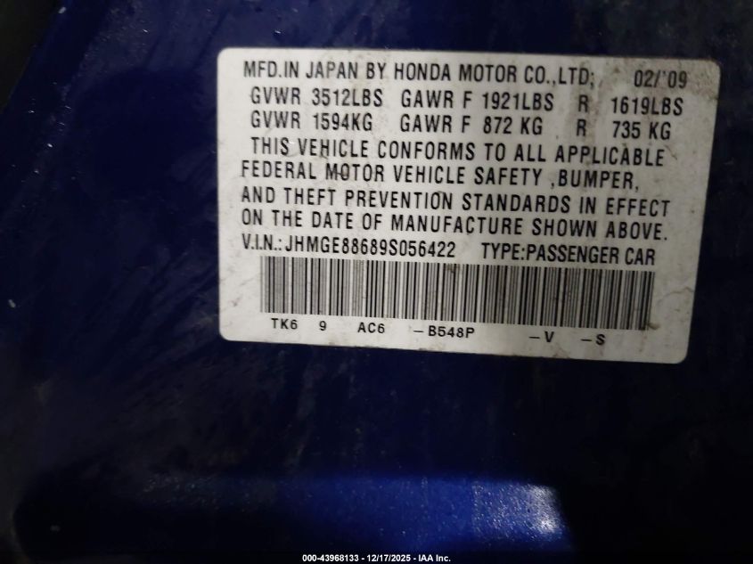 2009 Honda Fit Sport VIN: JHMGE88689S056422 Lot: 43968133