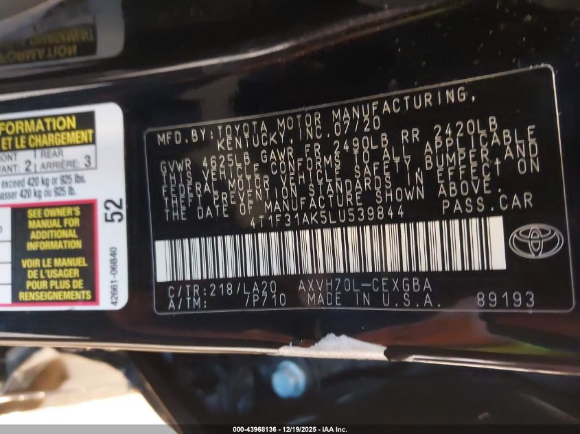 2020 Toyota Camry Xle Hybrid VIN: 4T1F31AK5LU539844 Lot: 43968136