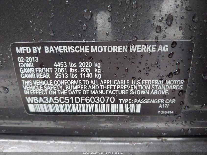 2013 BMW 328I VIN: WBA3A5C51DF603070 Lot: 43968137