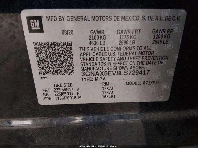 2020 Chevrolet Equinox Awd 1Fl VIN: 3GNAX5EV8LS729417 Lot: 43968139