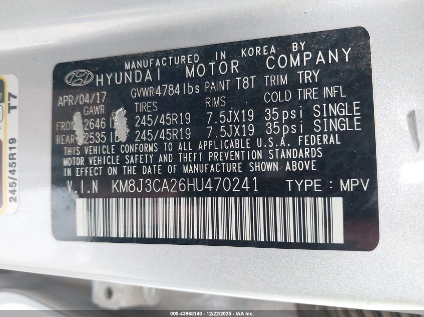 2017 Hyundai Tucson Limited VIN: KM8J3CA26HU470241 Lot: 43968140