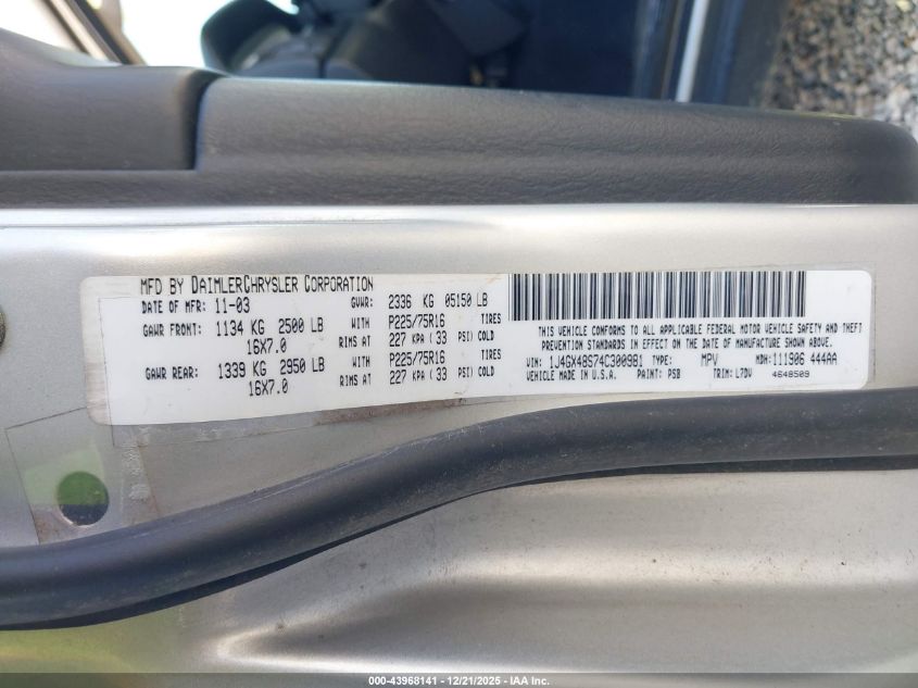 2004 Jeep Grand Cherokee Laredo VIN: 1J4GX48S74C300981 Lot: 43968141