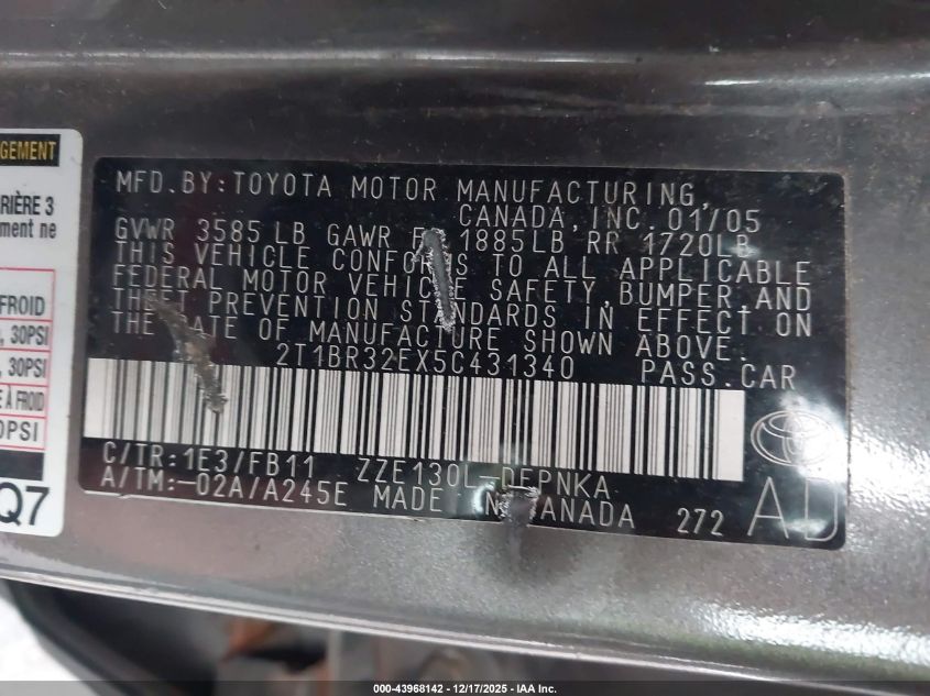 2005 Toyota Corolla Le VIN: 2T1BR32EX5C431340 Lot: 43968142