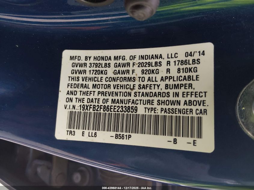 2014 Honda Civic Ex VIN: 19XFB2F86EE233859 Lot: 43968144