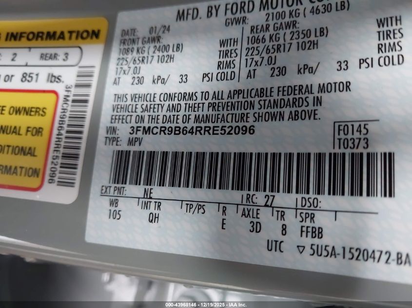 2024 Ford Bronco Sport Big Bend VIN: 3FMCR9B64RRE52096 Lot: 43968146