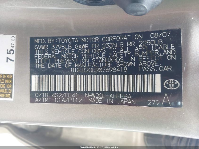 2008 Toyota Prius Standard VIN: JTDKB20U987698418 Lot: 43968148