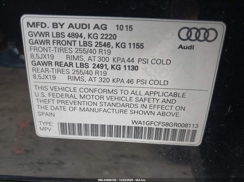 2016 Audi Q3 2.0T Premium Plus VIN: WA1GFCFS8GR008113 Lot: 43968150