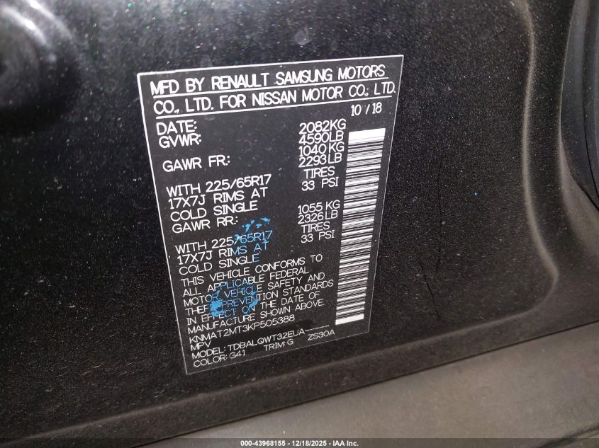 2019 Nissan Rogue Sv VIN: KNMAT2MT3KP505388 Lot: 43968155