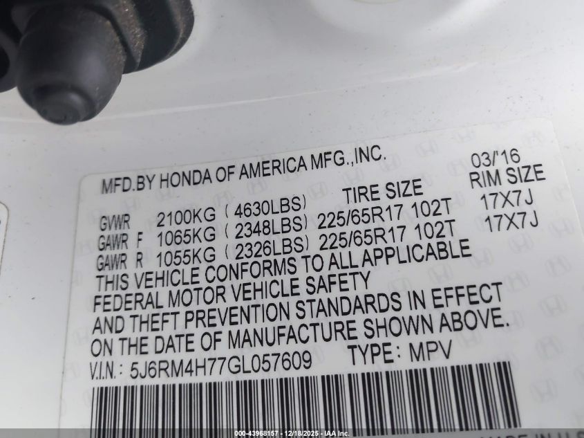 2016 Honda Cr-V Ex-L VIN: 5J6RM4H77GL057609 Lot: 43968157