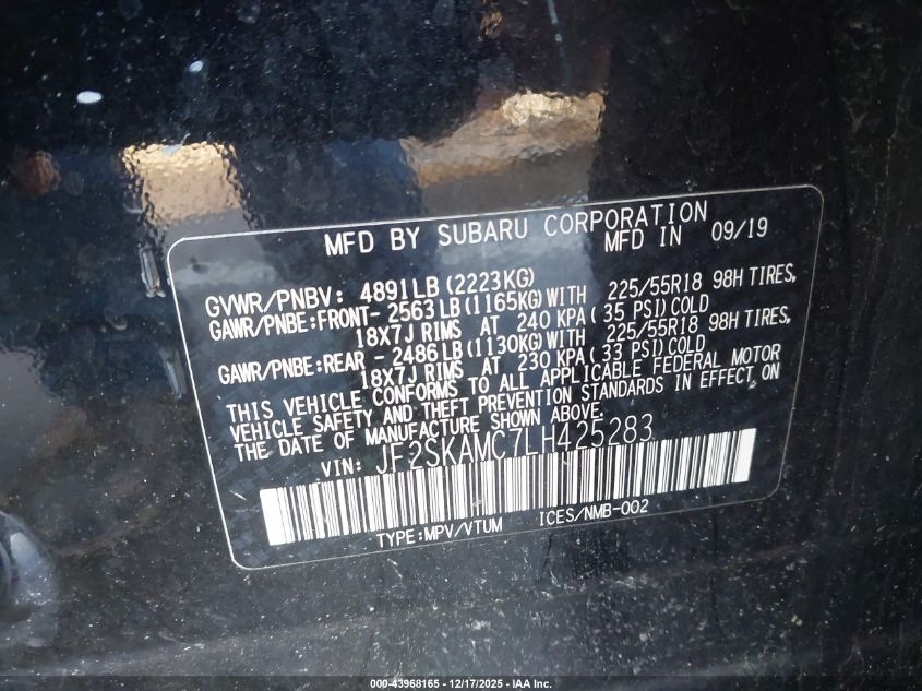 2020 Subaru Forester Sport VIN: JF2SKAMC7LH425283 Lot: 43968165