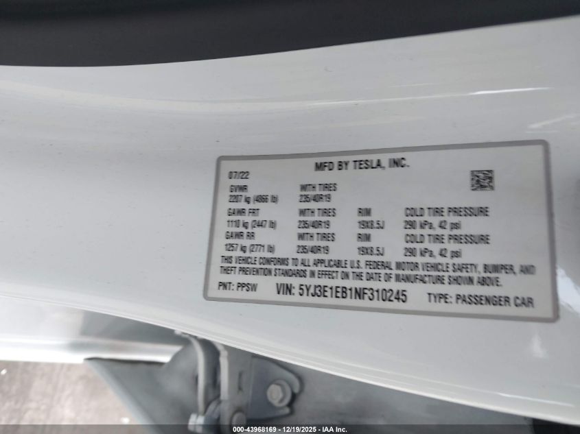 2022 Tesla Model 3 Long Range Dual Motor All-Wheel Drive VIN: 5YJ3E1EB1NF310245 Lot: 43968169
