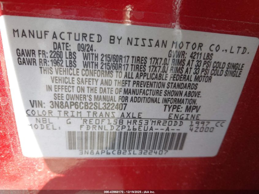 2025 Nissan Kicks Sv Intelligent Awd VIN: 3N8AP6CB2SL322407 Lot: 43968170