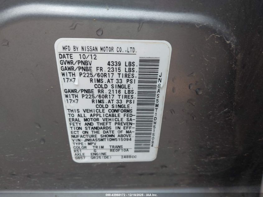 2013 Nissan Rogue Sv VIN: JN8AS5MT1DW515094 Lot: 43968172