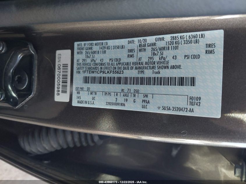 2020 Ford F-150 Xlt VIN: 1FTEW1CP9LKF55623 Lot: 43968173