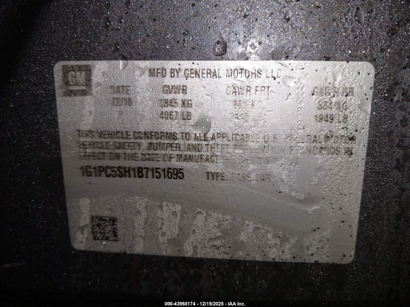 2011 Chevrolet Cruze Ls VIN: 1G1PC5SH1B7151695 Lot: 43968174