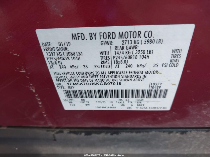 2019 Ford Explorer Xlt VIN: 1FM5K7DH6KGB07018 Lot: 43968177