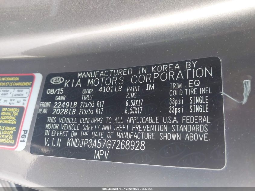 2016 Kia Soul + VIN: KNDJP3A57G7268928 Lot: 43968178