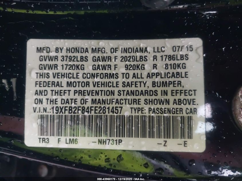 2015 Honda Civic Ex VIN: 19XFB2F84FE281457 Lot: 43968179