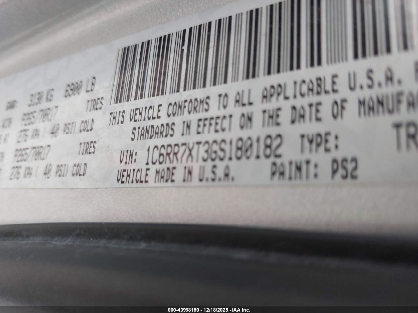 2016 Ram 1500 Ssv VIN: 1C6RR7XT3GS180182 Lot: 43968180