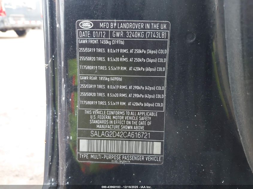 2012 Land Rover Lr4 VIN: SALAG2D42CA616721 Lot: 43968183