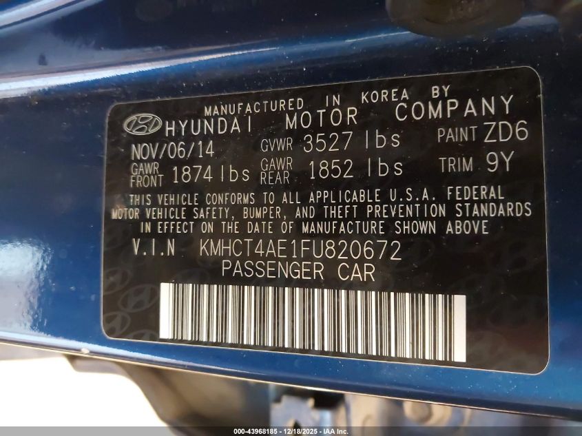 2015 Hyundai Accent Gls VIN: KMHCT4AE1FU820672 Lot: 43968185