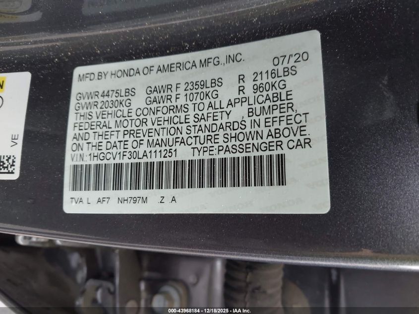 2020 Honda Accord Sport VIN: 1HGCV1F30LA111251 Lot: 43968184