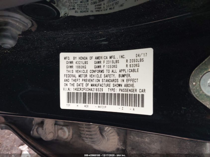 2017 Honda Accord Sport VIN: 1HGCR2F53HA216529 Lot: 43968188