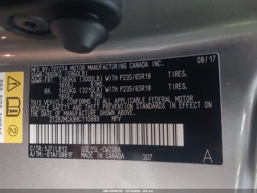 2017 Lexus Rx 350 VIN: 2T2BZMCA9HC110889 Lot: 43968192