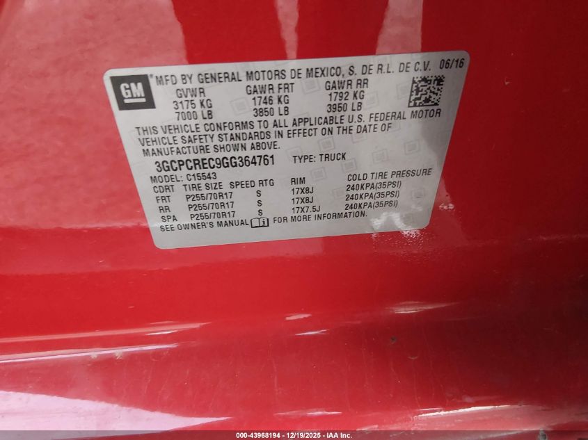 2016 Chevrolet Silverado 1500 1Lt VIN: 3GCPCREC9GG364761 Lot: 43968194