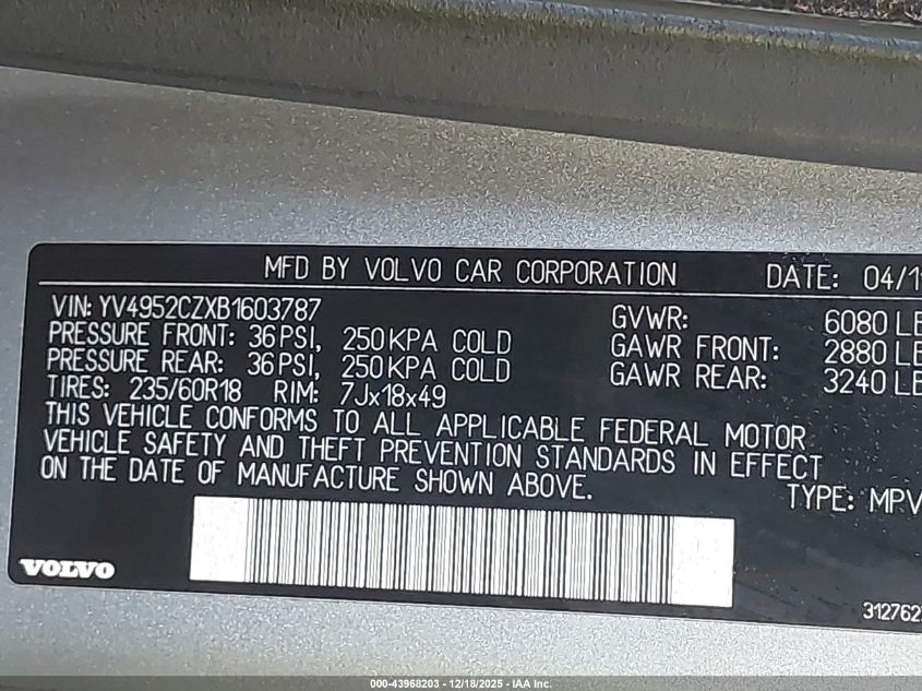 2011 Volvo Xc90 3.2 VIN: YV4952CZXB1603787 Lot: 43968203