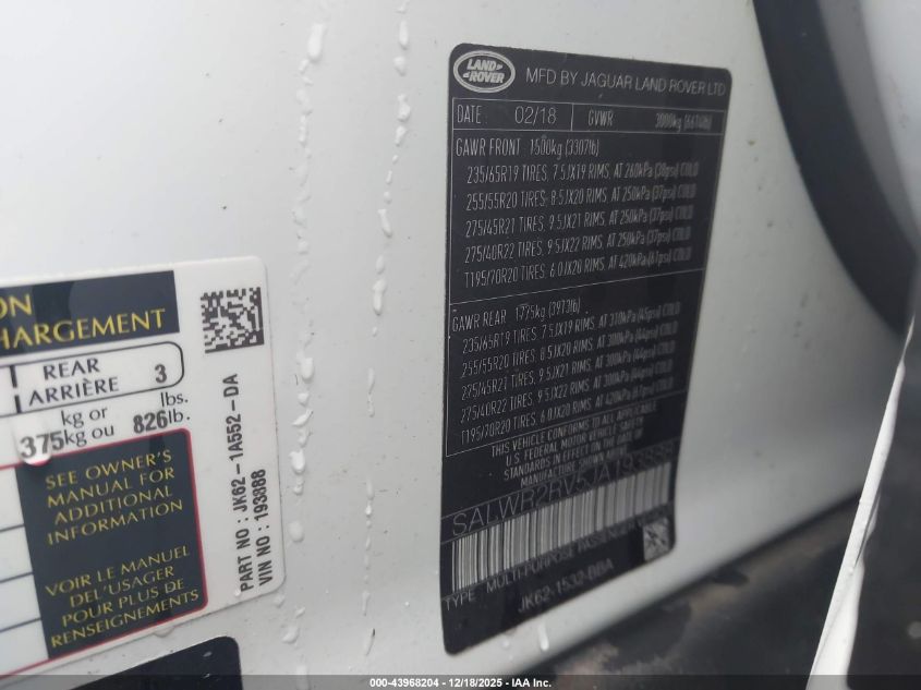 2018 Land Rover Range Rover Sport Hse VIN: SALWR2RV5JA193888 Lot: 43968204