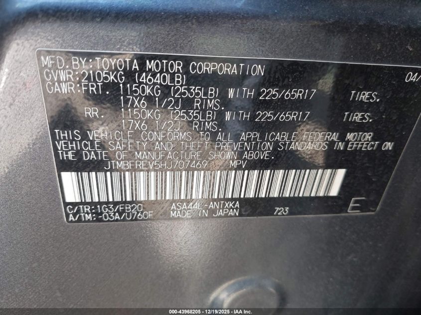 2017 Toyota Rav4 Le VIN: JTMBFREV5HJ707469 Lot: 43968205