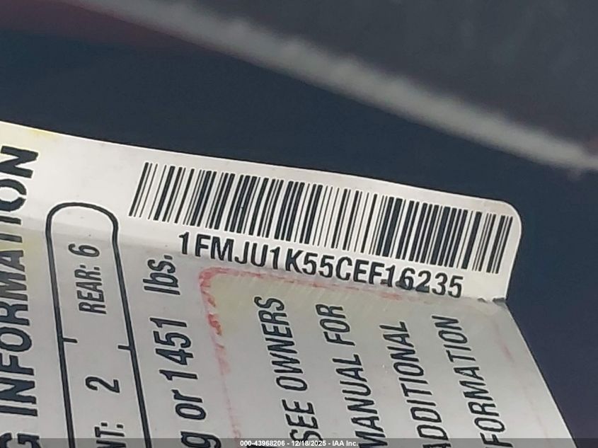 2012 Ford Expedition Limited VIN: 1FMJU1K55CEF16235 Lot: 43968206