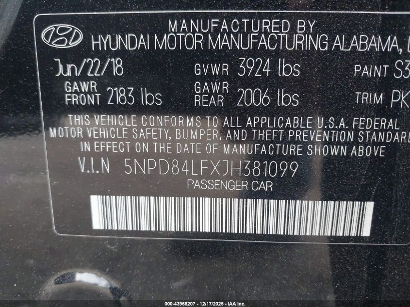 2018 Hyundai Elantra Sel VIN: 5NPD84LFXJH381099 Lot: 43968207