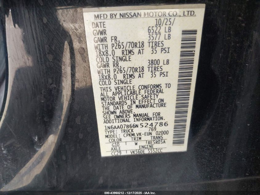 2006 Nissan Titan Le VIN: 1N6AA07B66N524786 Lot: 43968212