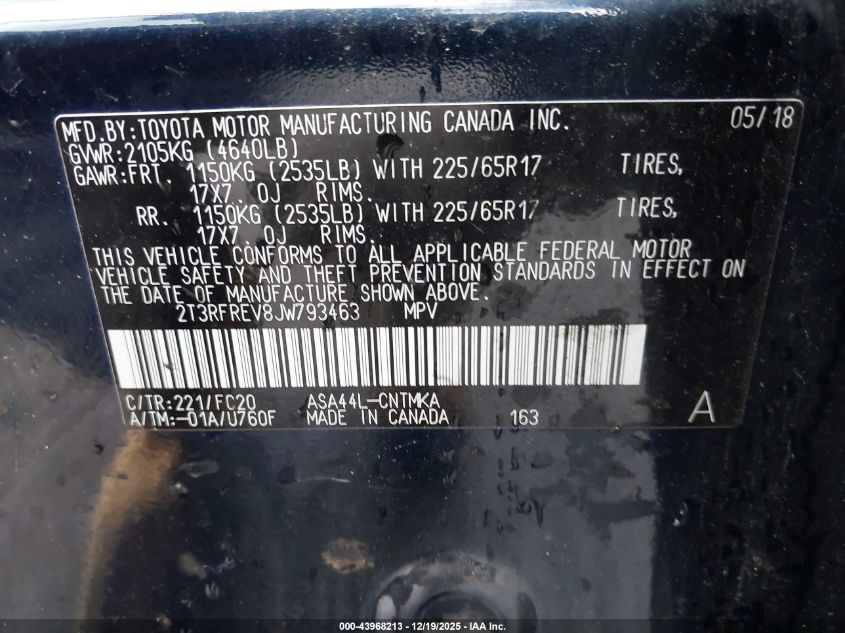 2018 Toyota Rav4 Xle VIN: 2T3RFREV8JW793463 Lot: 43968213