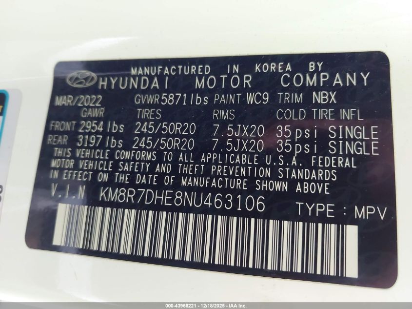 2022 Hyundai Palisade Calligraphy VIN: KM8R7DHE8NU463106 Lot: 43968221