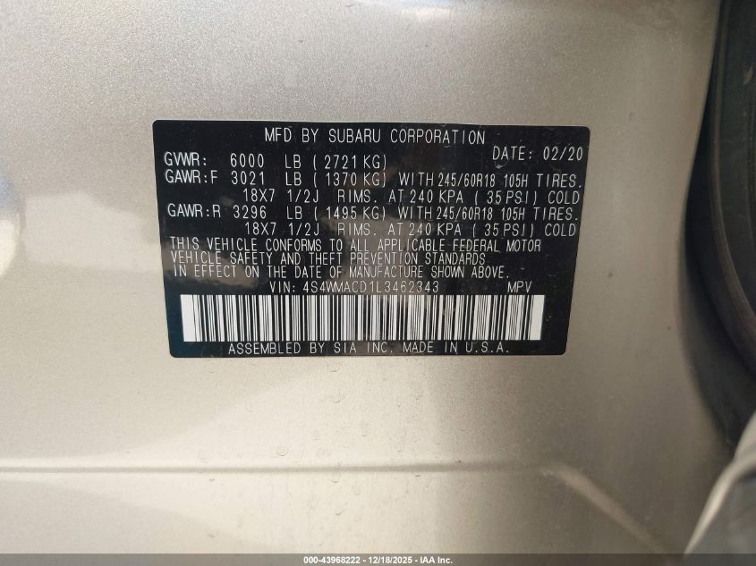 2020 Subaru Ascent Premium VIN: 4S4WMACD1L3462343 Lot: 43968222