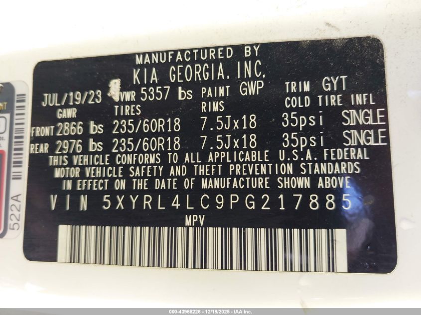 2023 Kia Sorento S VIN: 5XYRL4LC9PG217885 Lot: 43968226