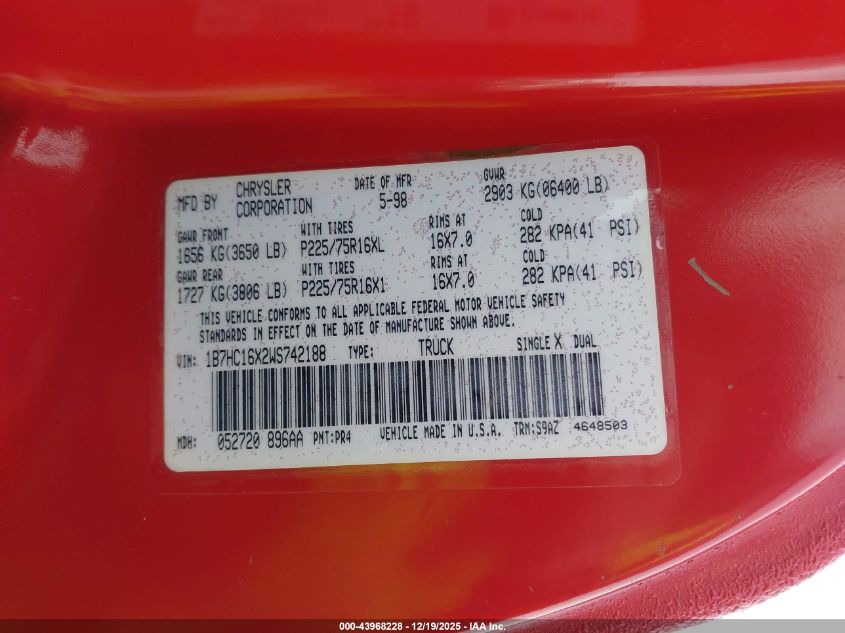 1998 Dodge Ram 1500 St/Ws VIN: 1B7HC16X2WS742188 Lot: 43968228