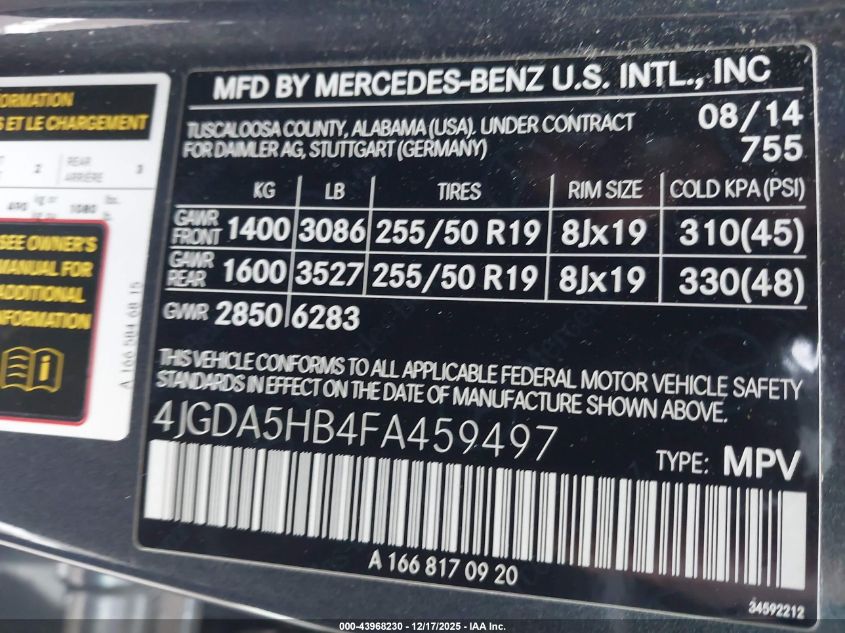 2015 Mercedes-Benz Ml 350 4Matic VIN: 4JGDA5HB4FA459497 Lot: 43968230