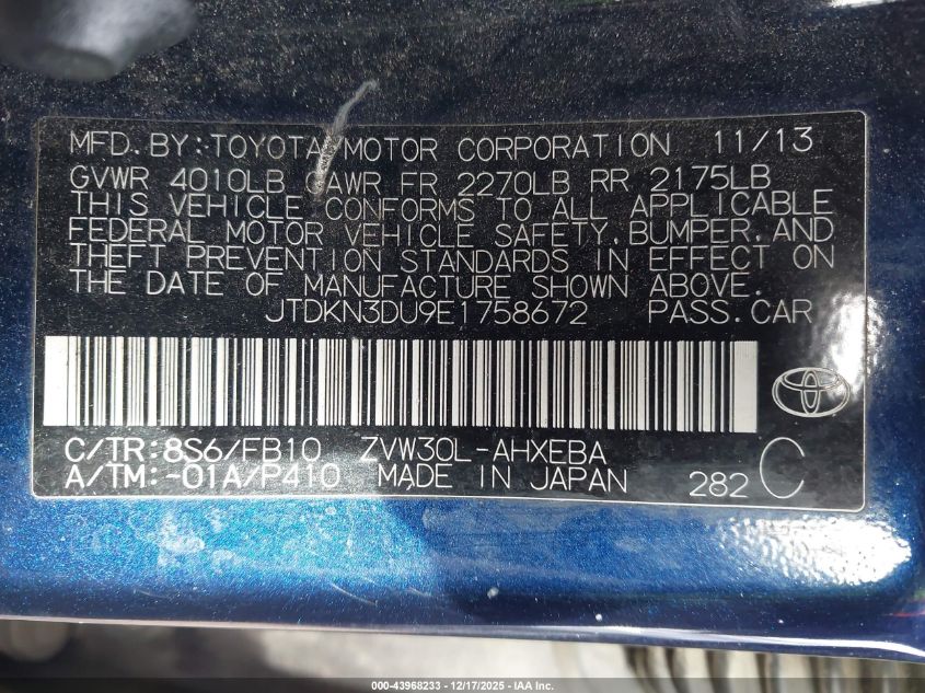 2014 Toyota Prius Two VIN: JTDKN3DU9E1758672 Lot: 43968233