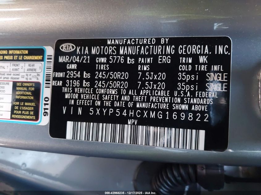 2021 Kia Telluride Sx VIN: 5XYP54HCXMG169822 Lot: 43968235