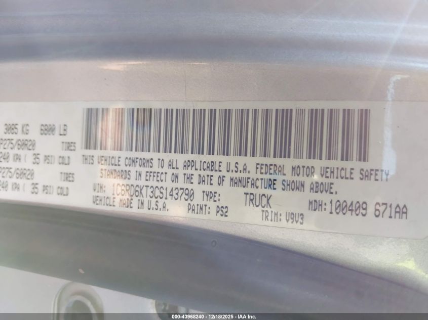 2012 Ram 1500 St VIN: 1C6RD6KT3CS143790 Lot: 43968240